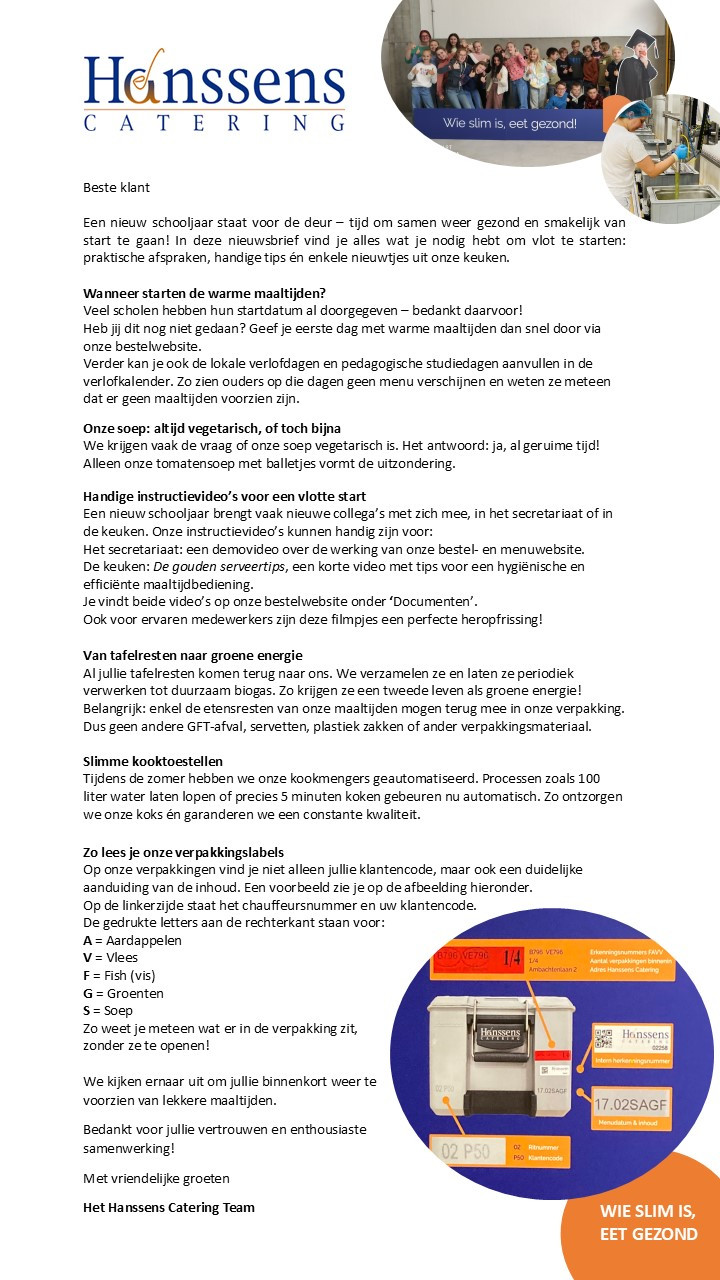 Nieuwsbrief Augustus 2025 Hanssens Catering