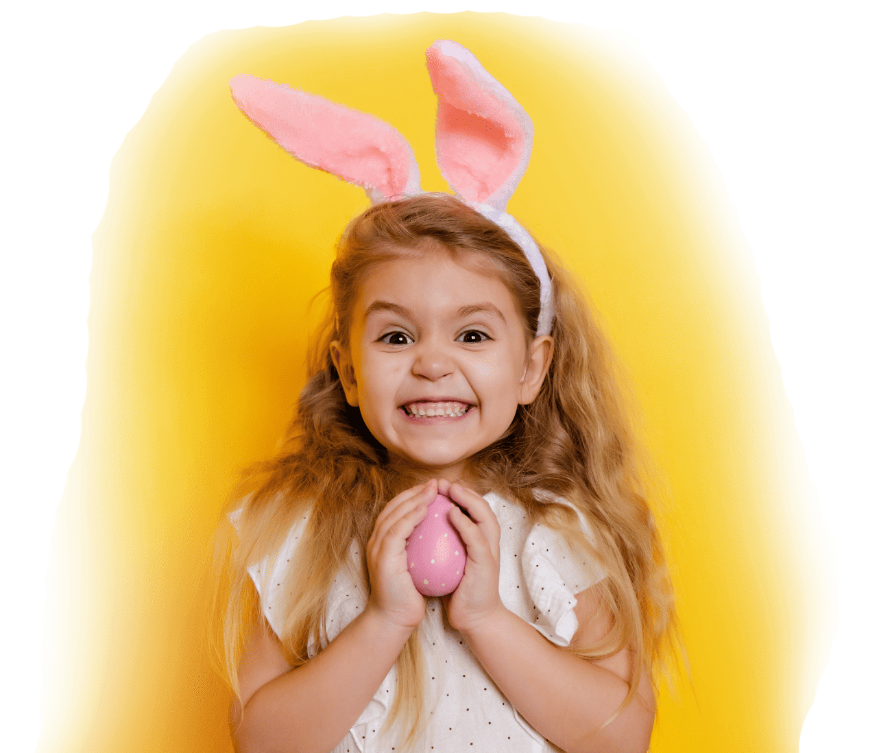 Banner young girl with mischievous face holding Easter egg loose
