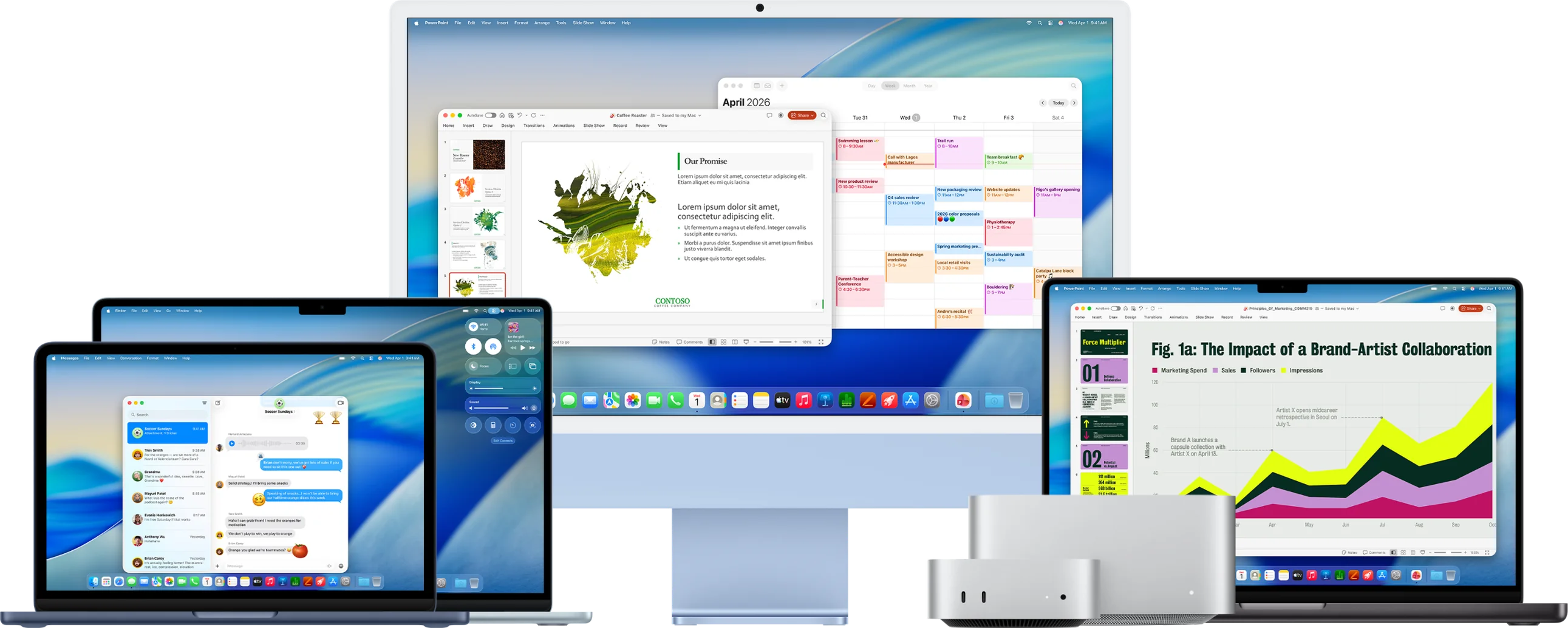 MacBook Air, iMac, Mac mini en MacBook Pro naast elkaar