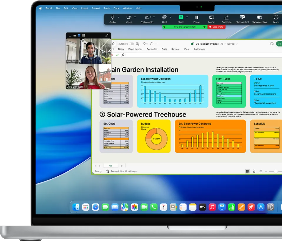 MacBook Pro met een spreadsheet en een videogesprek naast elkaar