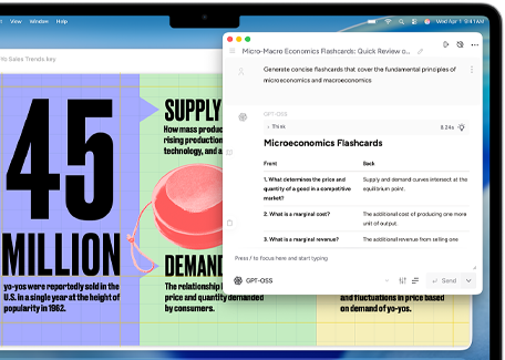 MacBook Air-scherm met Schrijfhulp van Apple Intelligence waarmee flashcards worden gemaakt over micro- en macro-economie