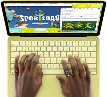 MacBook Neo, citrus colour, hands on keyboard, user is composing an email invitation to the opening of a sports event, website for the event open alongside