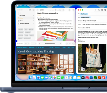 MacBook Neo, kleur Indigo, op het scherm wordt een e-mail opgesteld voor een nieuwe medewerker van een boekwinkel, in andere vensters staan een Notities-document over onboarding en de werknemersportal van de boekwinkel in Safari