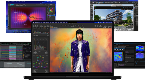 Kleurrijke content op een Mac-scherm: muziekproductie, grafisch design, 3D-animatie en foto-bewerkingsapps, ter demonstratie van de krachtige graphics
