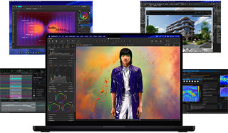 Kleurrijke content op een Mac-scherm: muziekproductie, grafisch design, 3D-animatie en foto-bewerkingsapps, ter demonstratie van de krachtige graphics