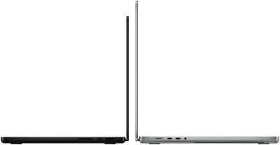 14‑inch en 16‑inch MacBook Pro met de ruggen tegen elkaar, zodat het verschil in grootte goed te zien is en het dunne profiel goed uitkomt
