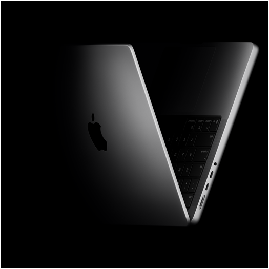 MacBook Pro in de vorm van een V, verwijzend naar de M5-serie