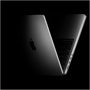 MacBook Pro in de vorm van een V, verwijzend naar de M5-serie