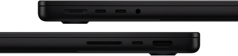 De poorten op MacBook Pro — linkerkant: MagSafe 3, twee Thunderbolt-poorten en mini‑jack-aansluiting — rechterkant: SDXC-kaartsleuf, één Thunderbolt-poort en HDMI