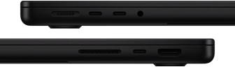 De poorten op MacBook Pro — linkerkant: MagSafe 3, twee Thunderbolt-poorten en mini‑jack-aansluiting — rechterkant: SDXC-kaartsleuf, één Thunderbolt-poort en HDMI