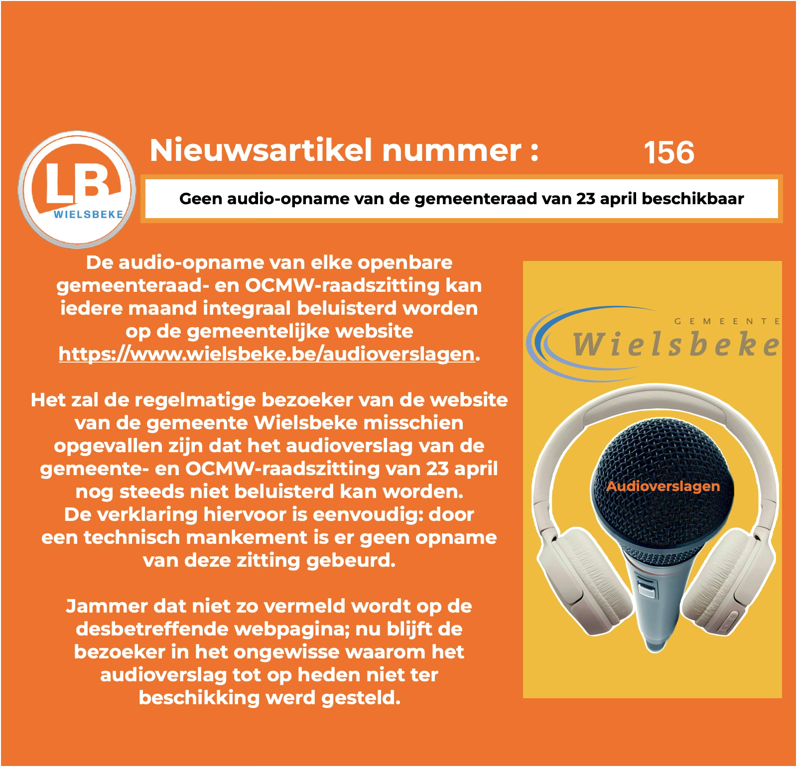 Geen audio-opname van de gemeenteraad van 23 april beschikbaar Geen audio-opname van de gemeenteraad van 23 april beschikbaar
