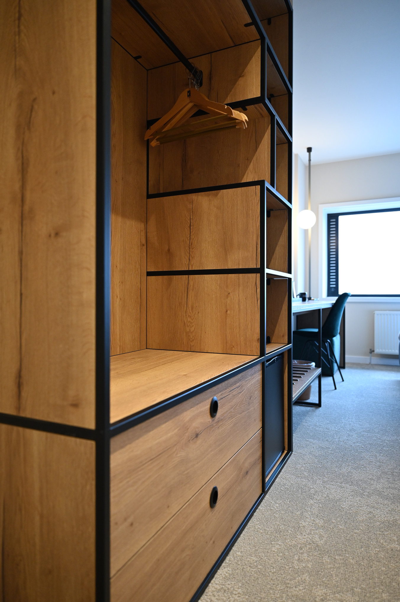 Hotel room interior Hotel room desk and cabinet